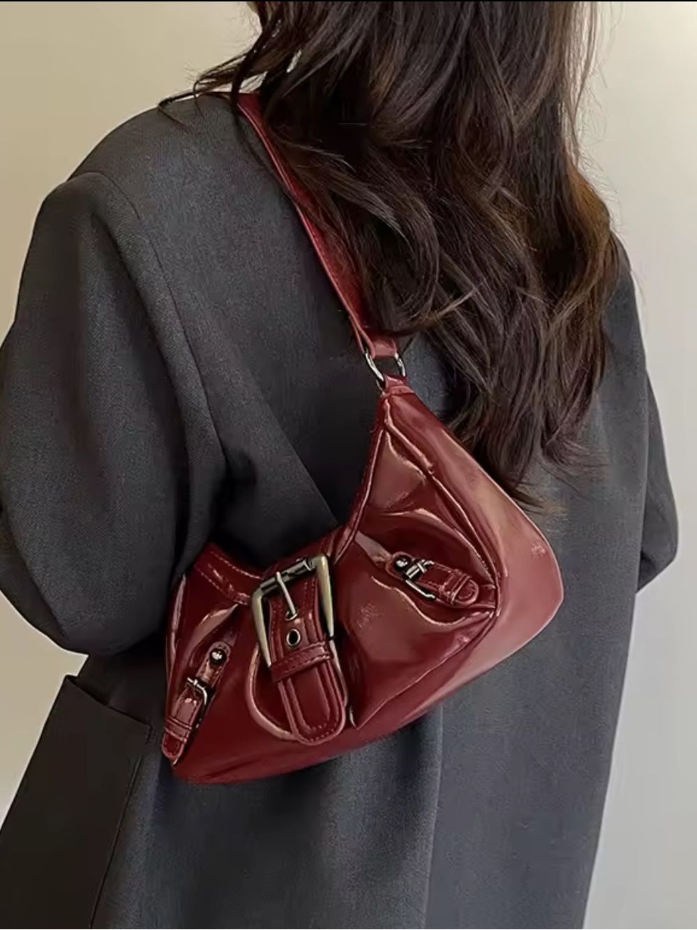 Y2k Women’s Burgundy Shoulder Bag with Buckle Accent